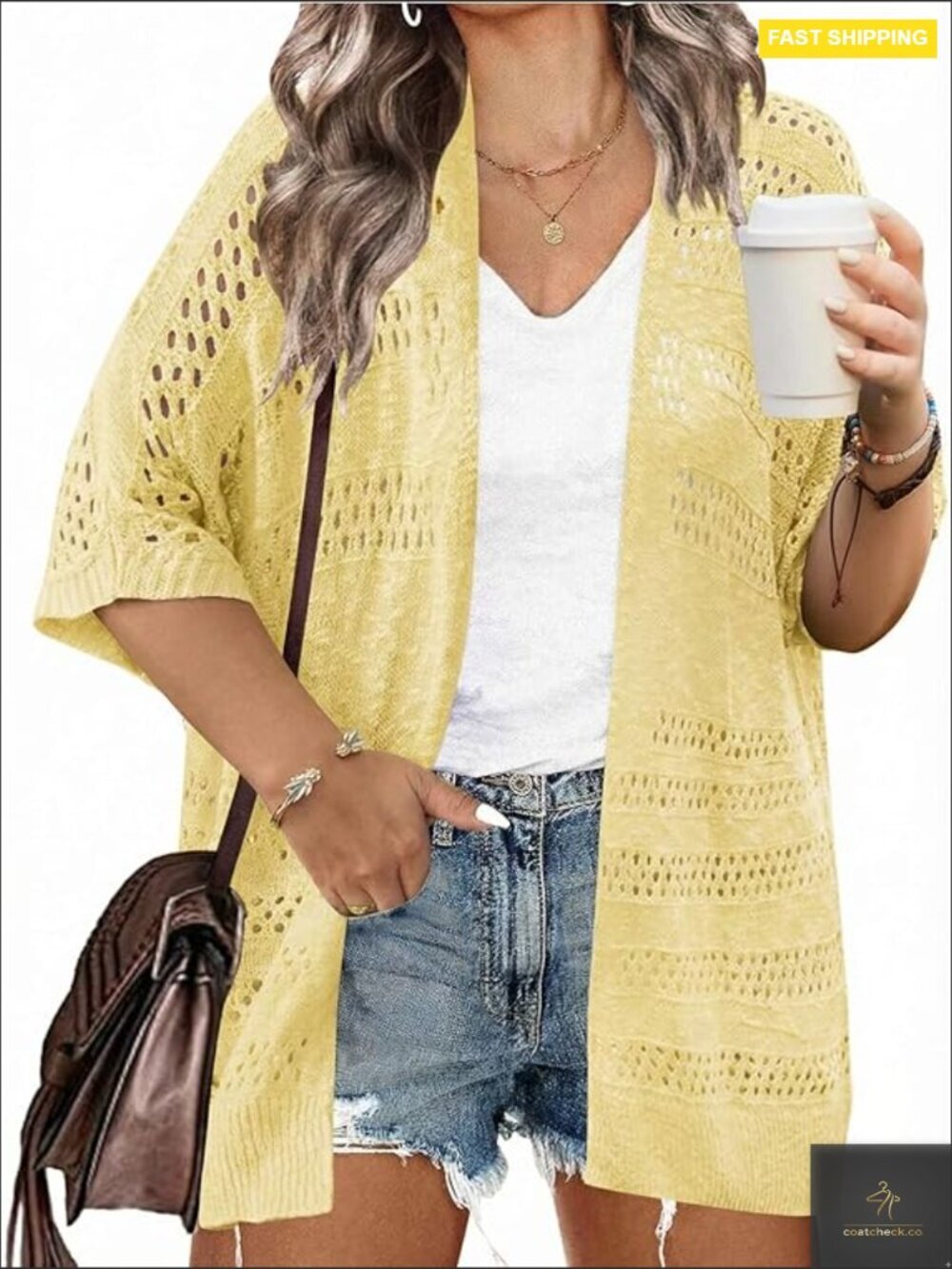 Lightweight Crochet Cardigan Short Sleeve Oversized Boho Kimono Open Front